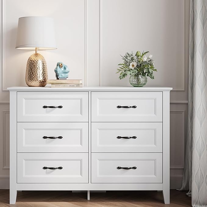 LINSY HOME 6 Drawers Dresser for Bedroom, 47" Wide Wooden Storage Chest with Antique Handles, Modern Farmhouse Dresser TV Stand with Wood Legs for Closet, Living Room, Hallway, White