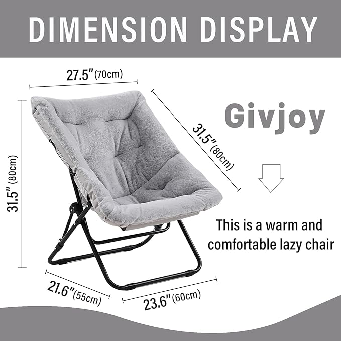 Comfy Folded Chair, Soft Faux Fur Oversized Folding Accent Chair, Flexible Lounge Lazy Chair for Adults Kids, Metal Frame Moon Chair for Dorm Room, Bedroom, Living Room