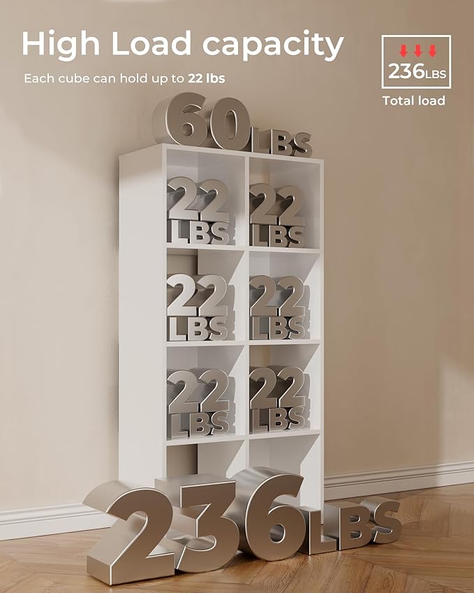 GTPLAYER 8-Cube Storage Organizer, Fits 11" Bins, Vertical or Horizontal Use, Opening Bookshelf, Partial Back Panels, Stackable Design Bookcase, for Living Room, Media Console, Hallway, White