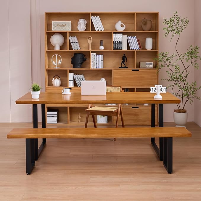 Solid Wood Administrative Computer Desk - Rustic Style Large Office Desk, Modern Minimalist Workstation for Home, Ideal for Learning, Writing, and Professional Use (Dark Yellow, 55.12in)