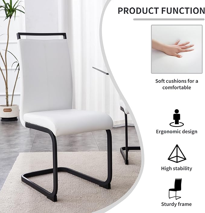 Modern Dining Chairs Set of 6,High Back Kitchen Chairs,Side Room Chair with Black Powder Coating Metal Legs,Easy to Clean Upholstered Dining Chairs,Ideal for Living Room(White Chairs)
