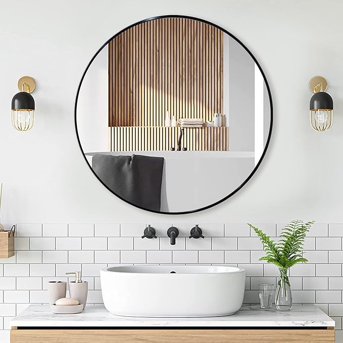 30 inch Round Black Mirror, Brushed Black Metal Framed Circle Wall Mirror for Bathroom Vanity, Bedroom Decor, Living Room, Entryway