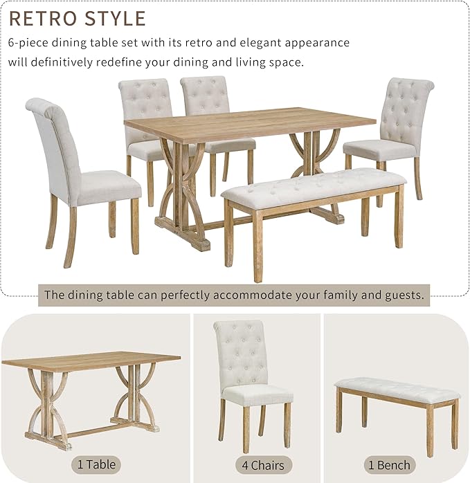 SogesPower 6-Piece Dining Table Set, Rectangular Farmhouse Kitchen Dining Table Set with 4 Upholstered Chairs & 1 Bench, Retro Kitchen Table Set for 4-6 for Dining Room Living Room,Natural Wood Wash
