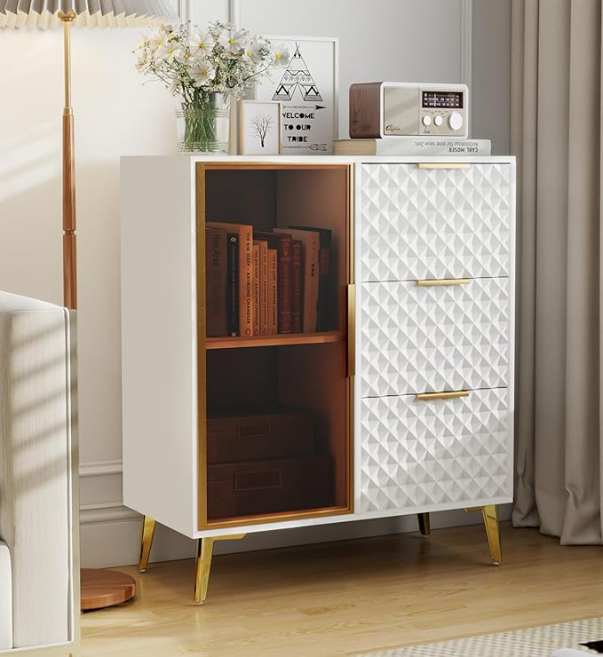 Rovibek Modern Sideboard Cabinet with Storage, Small Kitchen Buffet Cabinet with Glass Door & 3 Drawers, 31" Accent Sideboard Buffet for Kitchen, Living Room, White