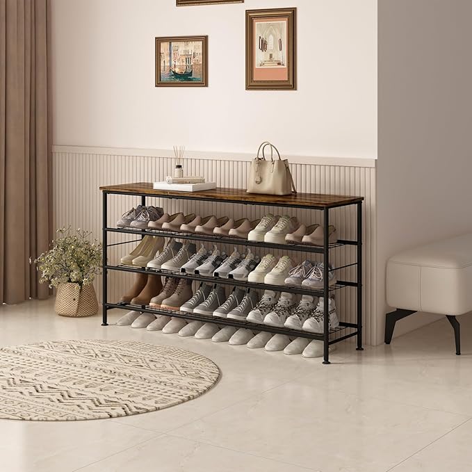 Shoe Rack Organizer 4 Tier for Closet Entryway Free Standing Metal Storage Shoe Shelf with MDF Top Board (Black+Rustic Brown, Large 4 Tier)