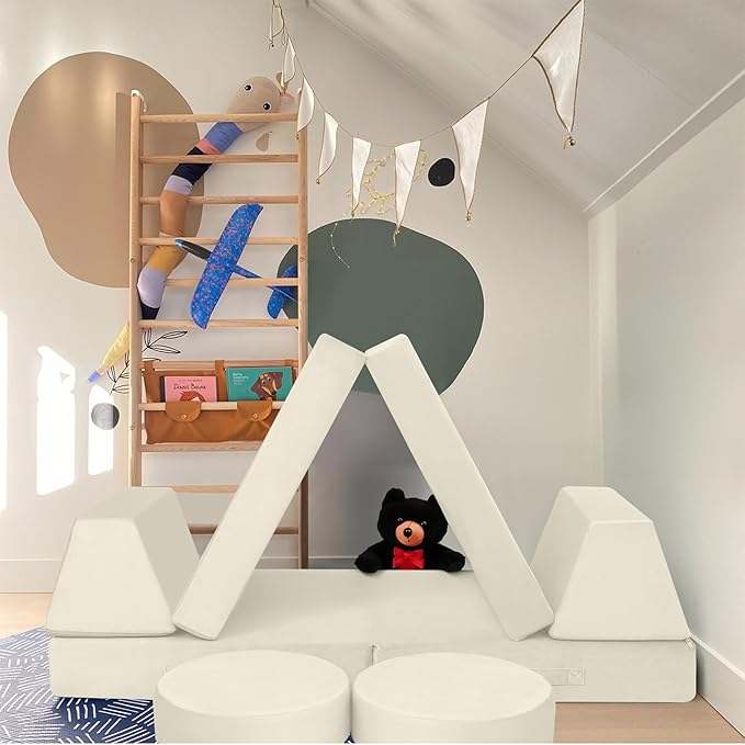 MeMoreCool Modular Kids Play Couch, Beige Foam Sofa and Fort Explorer Building Set for Toddlers and Playroom