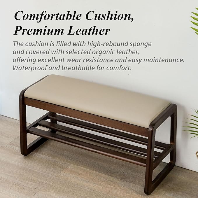 Shoe Bench, Entryway Bench with Leather Cushion, Solid Wood Shoe Rack, Mid Century Modern Bench, Shoe Storage, Shoe Organizer for Entryway (Grey, 21.7" W)