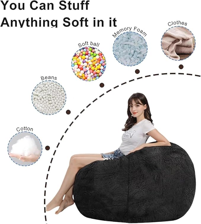 BCU 6FT Bean Bag Chair for Adults and Kids Without Filler Giant Stuffed Animal Storage Cover Soft Faux Fur Floor Chair Cover Patterns Embroidered for Bedroom Living Room, Black