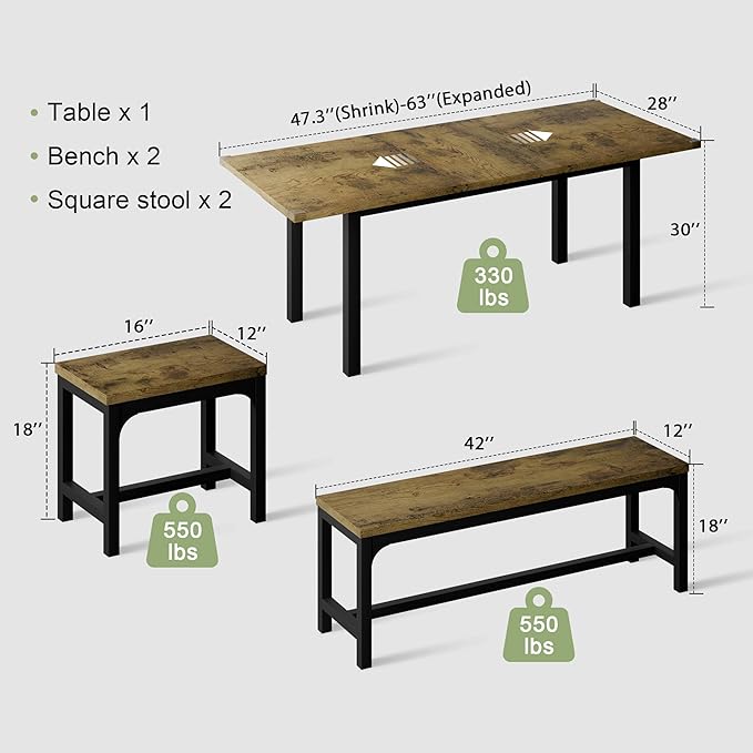 Feonase 5-Piece Dining Table for 4-8 People, 63" Extendable Kitchen Table Set with 2 Benches & 2 Square Stools, Dining Room Table with MDF Wood Board, Easy Clean, Rustic Brown