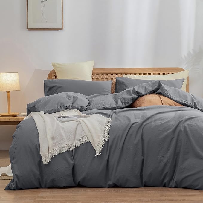 BESTOUCH Duvet Cover Set 100% Washed Cotton Linen Feel Super Soft Comfortable Chic Lightweight 3 PCs Home Bedding Set Solid Quiet Shade Grey Oversized Full