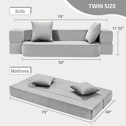 2-in-1 Folding Sofa Bed with Pillows - Folding Chair Floor Couch & Sleeping Mattress - Washable Cover & Memory Foam Sleeper Chair for Living Room/Guest Room/Apartment/Loft, Light Gray, Twin