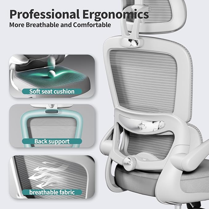 Office Chair Ergonomic Desk Chair, 330 LBS Home Mesh Office Desk Chairs with Wheels, Comfortable Gaming Chair, High Back Office Chair for Long Hours, Office Chair for Study and Work (Grey)