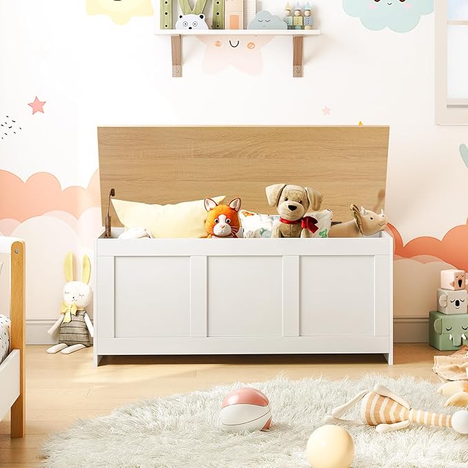 HOOBRO Storage Bench, 39.3" Retro Wooden Storage Chest, Wooden Storage Trunk, Toy Chest with Lift Top, Multifunctional Entryway Organizer, for Entryway, Living Room, White and Natural WN141CW01