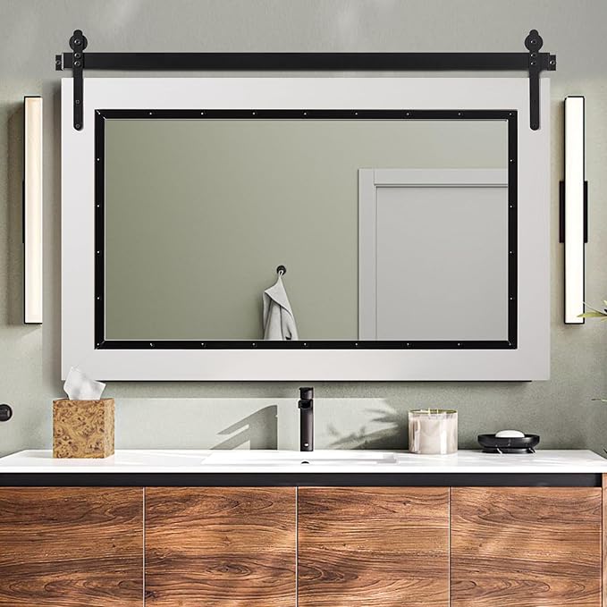 YOSHOOT Farmhouse Barn Door Mirror, 48"x30" Rustic Bathroom Mirror, Wood Frame Wall Mirror, Wooden Mirror for Living Room Bedroom Entryway Wall Décor, Horizontal Hanging ONLY