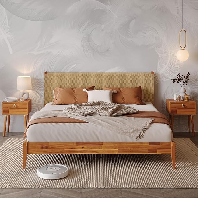Bme Selina King Bed Frame and Headboard - Handcrafted Paper Cord Headboard, 12-Slat Support, No Box Spring Needed - Easy Assembly, Caramel