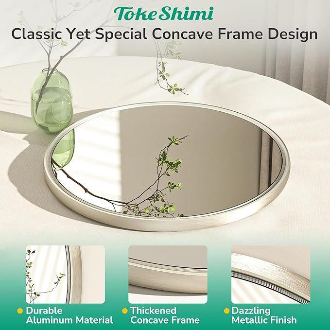 TokeShimi 24 Inch Circle Bathroom Mirror Brushed Nickel, Tempered Round Wall Mirror, Shatterproof 24x24 Hanging Wall Mirrored Farmhouse for Bedroom, Entryway, Restroom, Vanity, Living Room