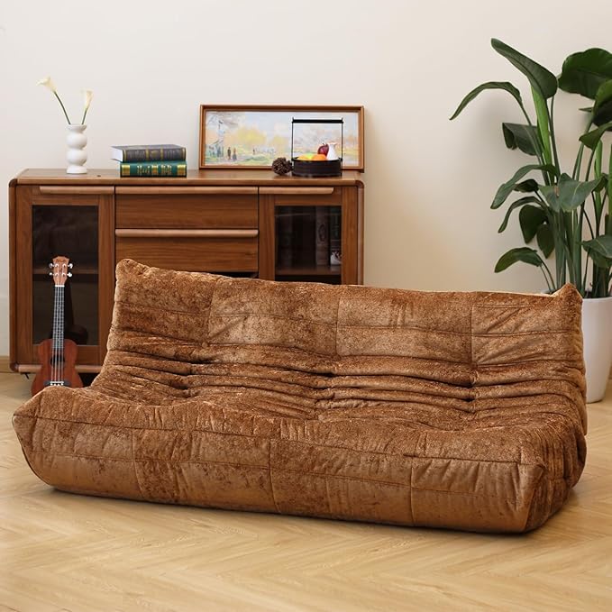 N&V Fireside Chair, Mid Century Armless Floor Sofa, Soft Premium Chenille Floor Lounge Chair, Foam Sofa Accent Chair for Living Room Bedroom and Office (Brown, Three Seater)