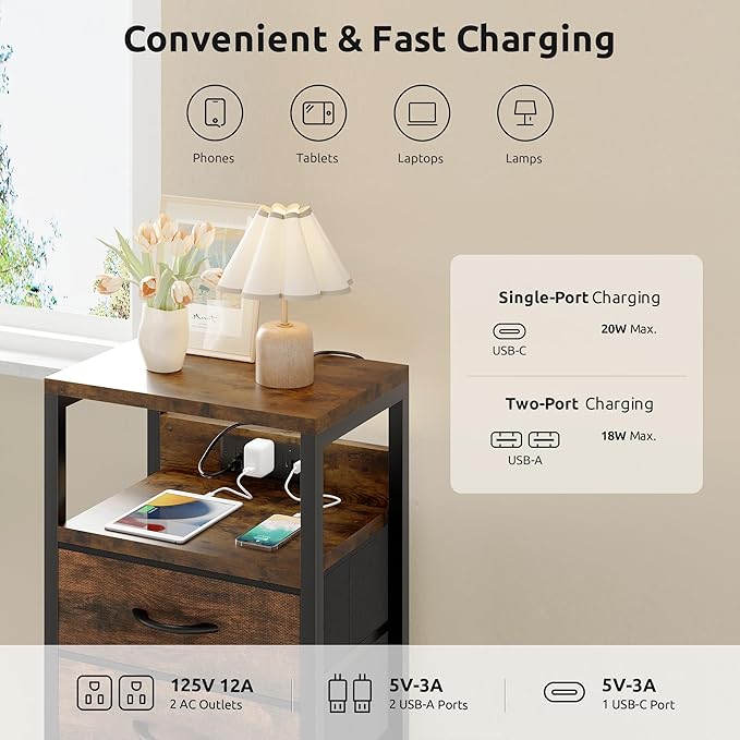 NightStand Bedside Charging Table Bedroom - Night Stand with Charger Station, Modern Nightstand with Open Shelf & 4 Fabric Drawers, Bed Side Table with USB-C USB Ports & AC Outlets for Dorm