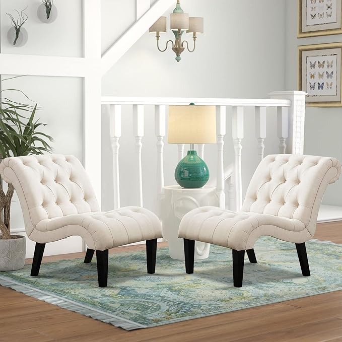 Yongqiang Accent Chairs for Living Room Set of 2 Upholstered Tufted Bedroom Chairs Curved Armless Side Chairs with Wood Legs Linen Fabric