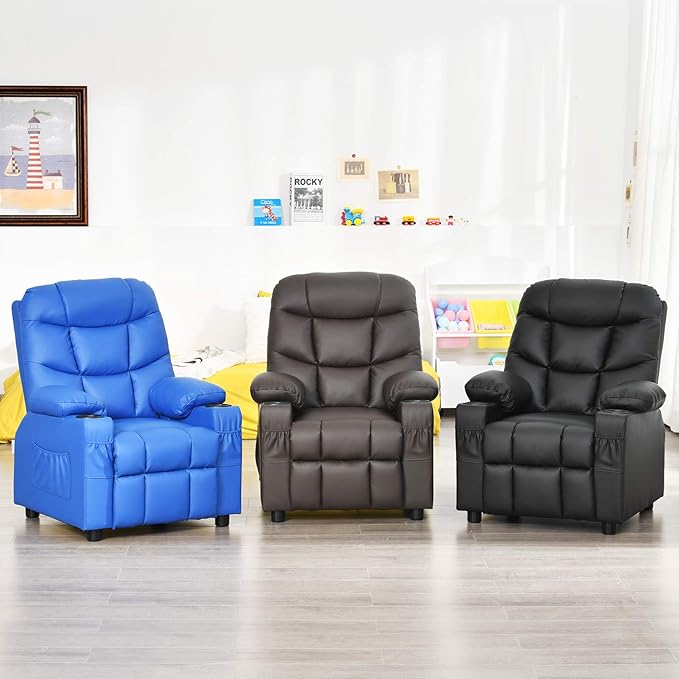 Costzon Kids Recliner Chair with Cup Holder, Adjustable Leather Lounge Chair w/Footrest & Side Pockets for Children Boys Girls Room, Ergonomic Toddler Furniture Sofa, Kids Recliner (Blue)