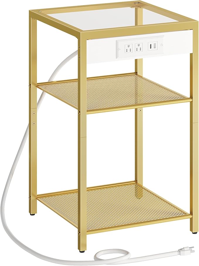 HOOBRO End Table with Charging Station, Side Table with USB Port & Power Outlets, 3-Tier Slim Nightstand with Storage Shelves, Tempered Glass, for Living Room, Bedroom, Gold GD77UBZ01