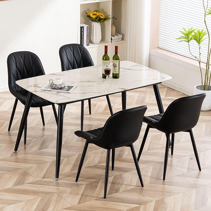Rowill Black Dining Chairs Set of 2 - Upholstered Faux Leather Kitchen Chairs with Soft Cushion Backrest, Sturdy Metal Legs & Non-Slip Pads, Perfect Modern Design for Home Dining Room, Kitchen