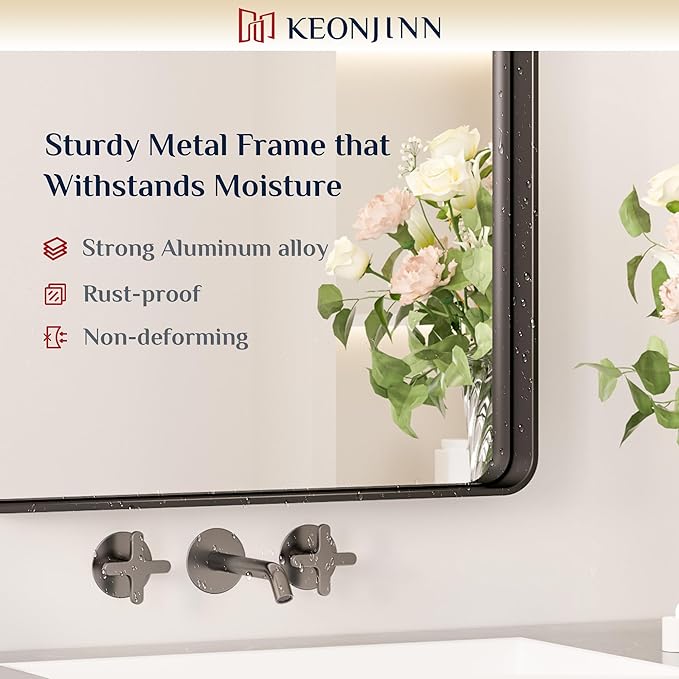 Keonjinn Black Bathroom Mirror for Over Sink, 42 x 20 Inch Rounded Rectangle Bathroom Vanity Mirror, Matte Black Farmhouse Mirror for Wall, HD Tempered Glass, Seamless Aluminum Alloy Frame Mirror