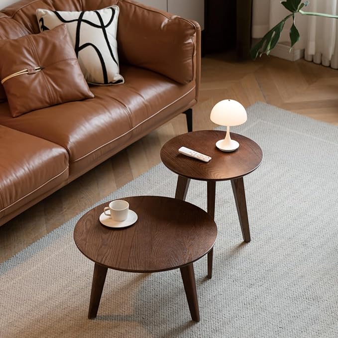 100% Solid Oak Wood Coffee Table Set, Round Coffee Table Combo Side Table w/Solid Wood Legs, Mid Century Table Sturdy Tables for Bedroom Balcony Living Room (Walnut, Small-Medium Combo)