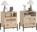 Vabches End Table Industrial Style Nightstand with USB Ports and Outlets, Bedside Table with 1 Open Shelf and 2 Hollowed Drawers for Bedroom, Living Room, Set of 2