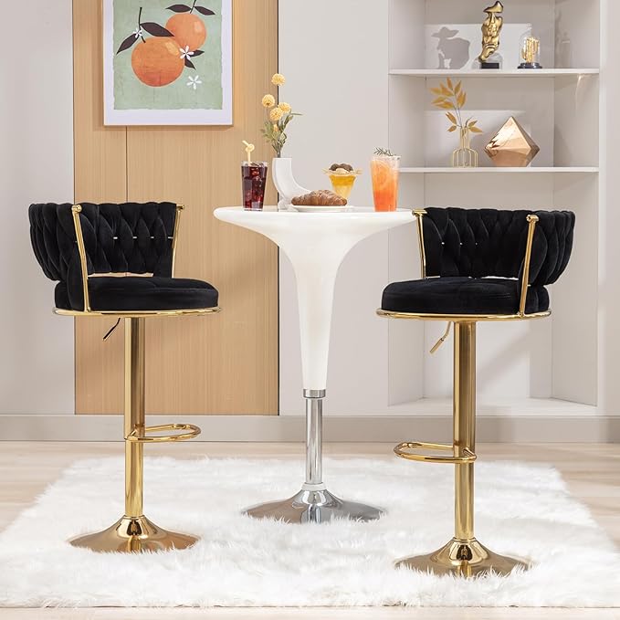 VECELO Bar Stools Set of 4, Modern-Contemporary Velvet Woven Counter Height Stools with Back and Arms, 360 Swivel Bar Chair, Black