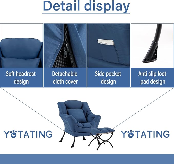 Lazy Chair with Ottoman, Comfy Reading Chair with Footstool & Pillow Modern Lounge Chair with Armrests & Side Pocket for Living Room, Bedroom, Dorm Room，Royal Blue