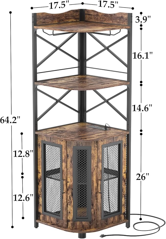 Aheaplus Corner Bar Cabinet with Power Outlet, Industrial Wine Cabinet with LED Strip and Glass Holder, 5-Tiers Liquor Cabinet Bar Unit for Home, Corner Display Cabinet for Small Space, Rustic Brown