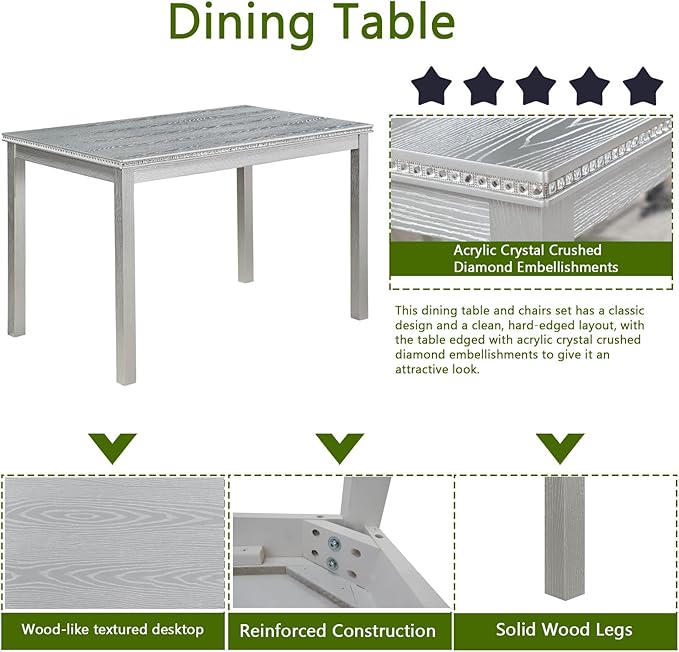 Ball & Cast 5 Piece Dining Table Set,Kitchen Table Set for 4 W/ 45.5" Rectangular Wooden Dining Table,Living Room Furniture W/ 4 Upholstered Chairs,for Dining Room,Kitchen,Silver Grey