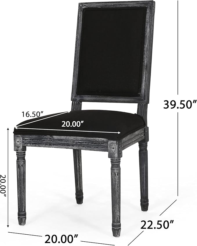 Christopher Knight Home Regina French Country Dining Chairs Set of 2, Wooden Dining Room Chair, High Back Kitchen Side Chair, Fabric Upholstered Armless Extra Seat, Black and Gray