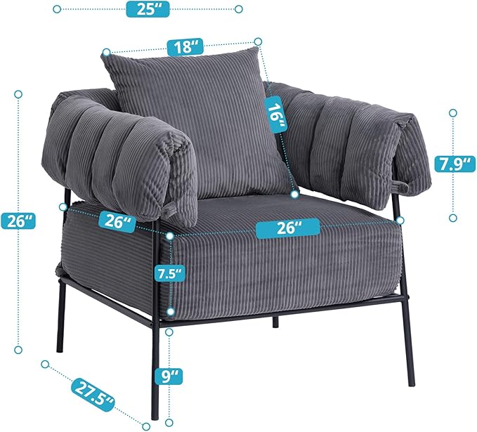 HollyHOME Modern Velvet Accent Chair, Upholstered Comfy Reading Chair, Fabric Large Lazy Arm Chair with Soft Cushion, Metal Frame Lounge Sofa Chair for Living Room, Bedroom, Balcony,Dark Grey
