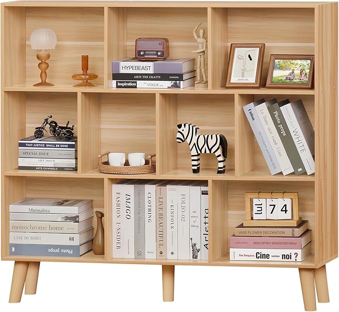 LEYAOYAO 10 Cube Bookshelf,3 Tier Modern Wide Bookcase with Legs,Mid-Century Wood Bookshelves Storage,Natural Large Book Case,Freestanding Organizer Display Shelf for Bedroom,Living Room,Office