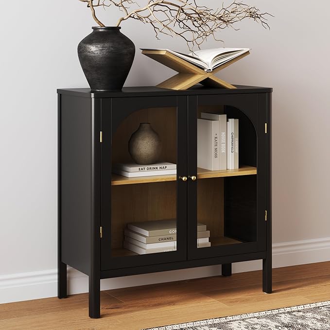 Nathan James Mason Storage Cabinet, Free Standing Accent Sideboard Buffet, Credenza with Glass Doors and Adjustable Shelf in Black Oak Wood for Dining Room, Entryway and Living Room, Clear Glass/Black
