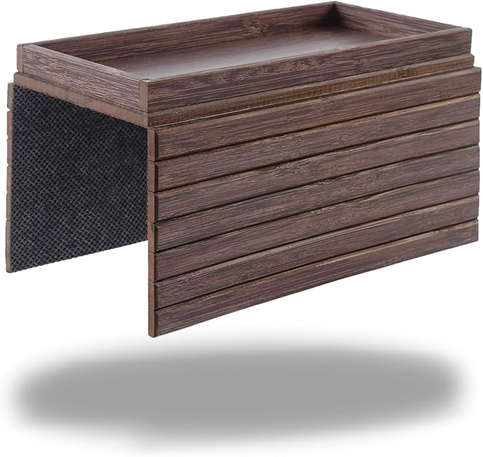 DETOR Couch Arm Tray, TV Tray with Capacious 12.4" x 5.4" Storage Box, Bamboo Grain Stained Brown Color, Enhanced Nonslip Felt Bottom, Sturdy Bamboo Slats Material | for Armrests 6" and Wider