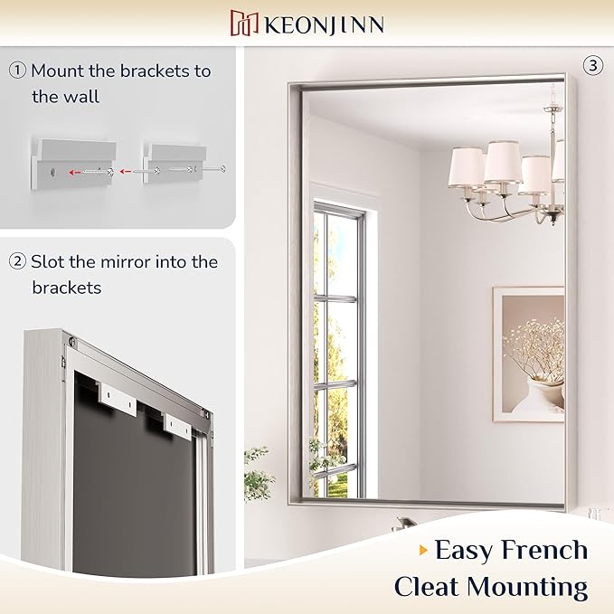Keonjinn 60 x 36 in Brushed Nickel Bathroom Mirror, Rectangular Metal Framed Wall Vanity Mirror for Over Sink Square Corner Aluminum Alloy Modern Decorative Rectangle Mirror(Horizontal/Vertical)