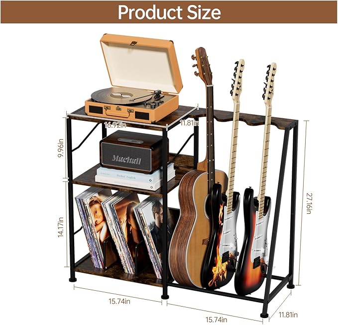 Hosfais 3 Tier Record Player Stand, Guitar Stand for Acoustic, Electric Guitar, Bass Stand, Vinyl Record Storage Up to 200 Albums for Living Room Bedroom, Rustic Brown