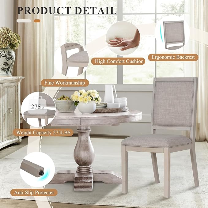 COLAMY Wood Dining Chairs Set of 6, Mid Century Modern Upholstered Kitchen Chairs,19 Inch Fabric Dining Chair with Back for Kitchen Dining Room,Ivory