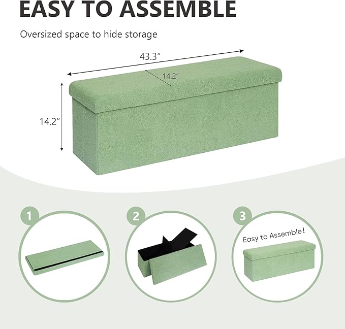 43 Inches Storage Ottoman Bench - Extra Large Foldable Ottoman with Storage, Bench for Living Room, Bedroom, Entryway - Green