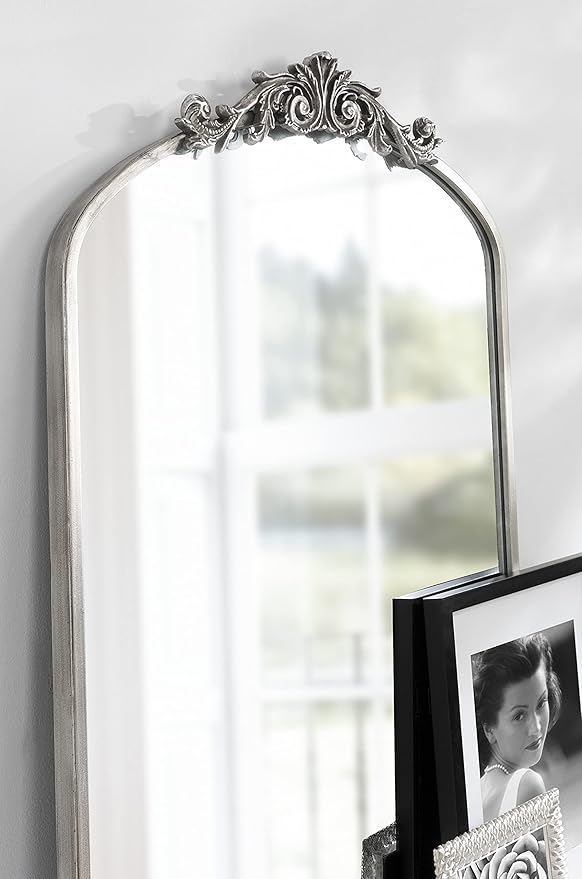 Kate and Laurel Arendahl Traditional Arch Mirror, 24 x 36, Antique Silver, Baroque Inspired Wall Decor