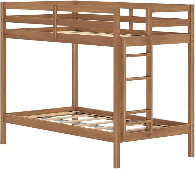 Grain & Grove Bear Twin Over Twin Bunk Bed, Sturdy Bunk Bed Frame for Kids, Plywood Bunk with Ladder, Guardrail, and Slats, No Box Spring Required, Oak Embossed Pecan