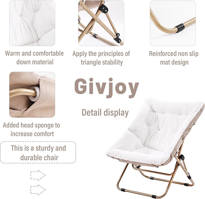 Comfy Folded Chair with Ottoman, Oversized Folding Faux Fur Chair Soft Furry Lounge Lazy Chair with Metal Frame Moon Chair Accent Chair for Bedroom, Living Room, Dorm Rooms
