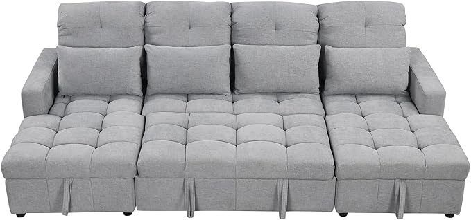 Ball & Cast 110.2" Oversized Versatile Sectional Sleep Sofa with Two USB Ports,U-Shape 4 Seat Pull-Out Couch w/Double Storage Chaise Lounges,for Living Room,Apartment,Office,Gray