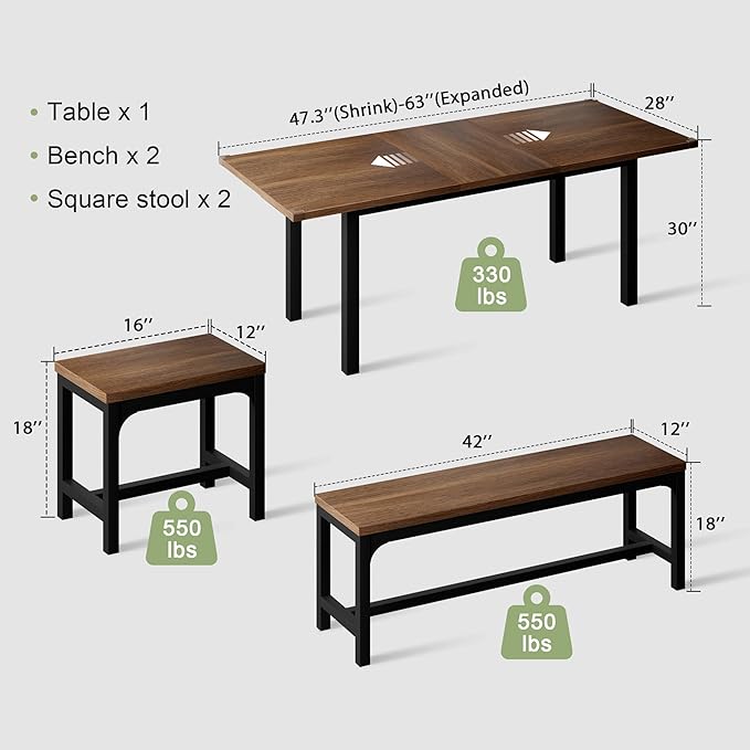 Feonase 5-Piece Dining Table Set for 4-8 People, 63" Extendable Kitchen Table with 2 Benches and 2 Square Stools, Mid-Century Modern Wooden Dining Room Table, Space-Saving, Walnut