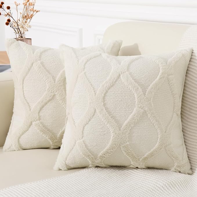 decorUhome Throw Pillow Covers 16x16 Inch Set of 2, Soft Plush Faux Fur Wool Beige Couch Pillow Covers, Decorative Neutral Pillow Cases for Bed Sofa Living Room Home Decor