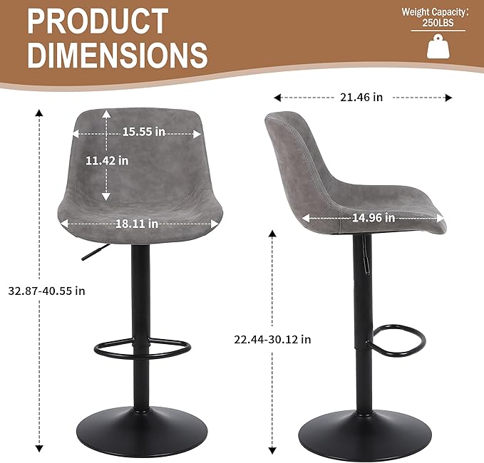 Bar Stools, Swivel Counter Height Barstools with Back, Adjustable Modern Bar Chairs, Tall Armless PU Leather Kitchen Island Stool (Grey, Set of 4)