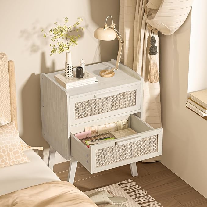 Lerliuo Rattan Nightstands Set of 2, Boho Night Stand with 2 Drawers, Cane Accent Side End Table, Bedside Table with Solid Wood Legs for Bedroom, Dorm and Small Spaces (Grey Oak)